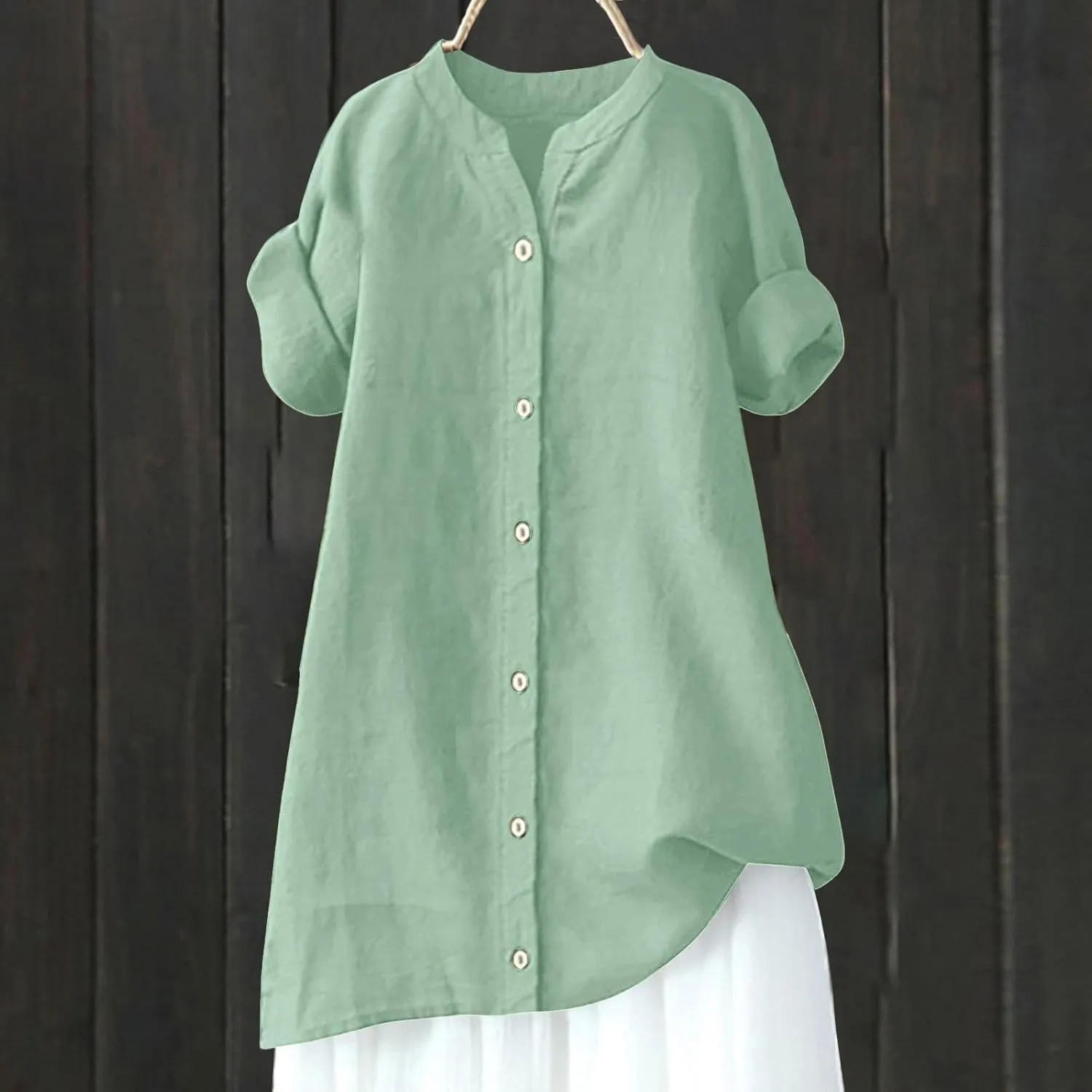 Womens Linen Button Down Shirts Short Sleeve Oversized Boyfriend Solid Tunic Tops Casual Dressy Tunics
