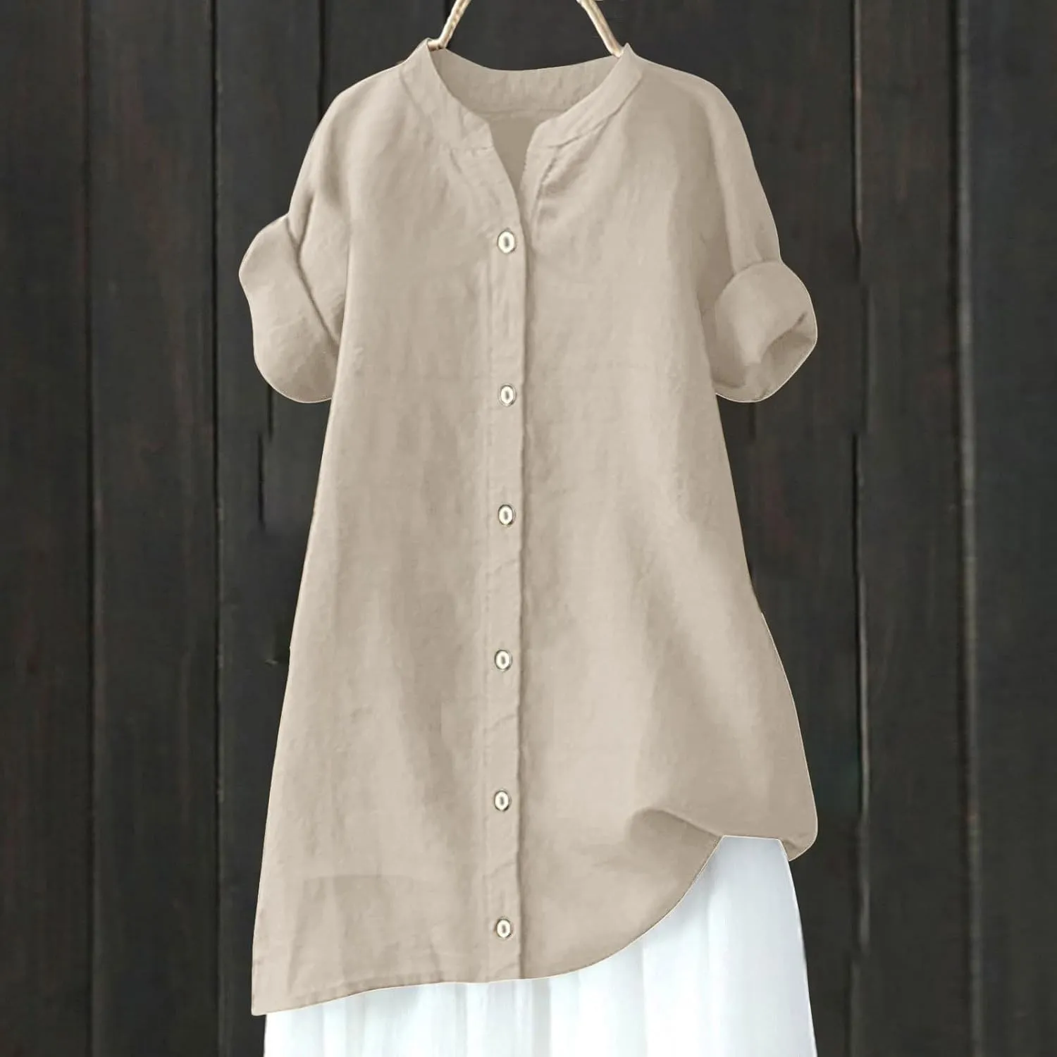 Womens Linen Button Down Shirts Short Sleeve Oversized Boyfriend Solid Tunic Tops Casual Dressy Tunics