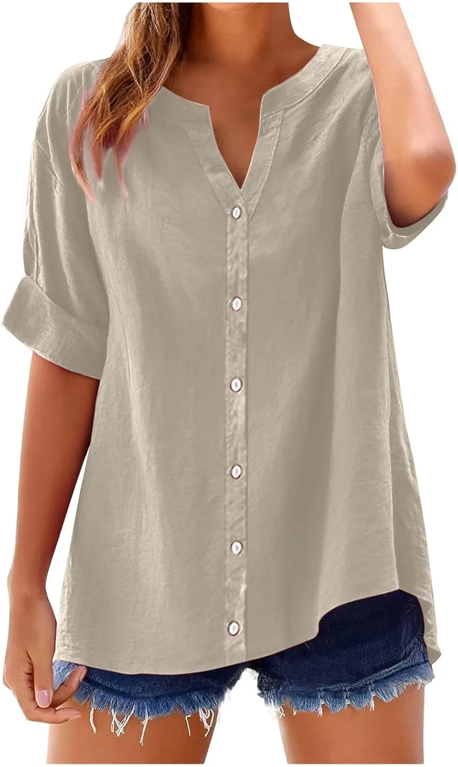 Womens Linen Button Down Shirts Short Sleeve Oversized Boyfriend Solid Tunic Tops Casual Dressy Tunics