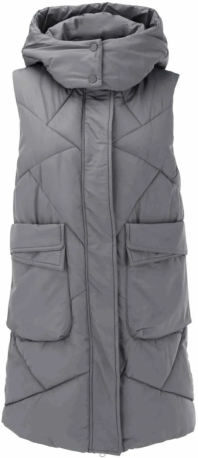 Women's Long Down Vest with Hooded Zipper Quilted Puffer Jacket Plus Size Winter Warm Slim Fit Coats Outdoor Vest