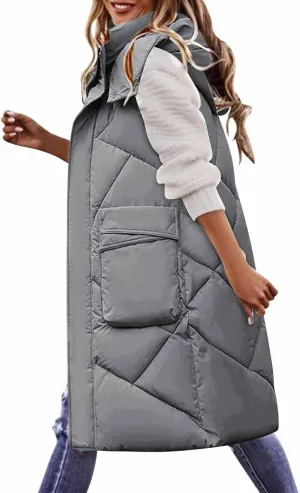 Women's Long Down Vest with Hooded Zipper Quilted Puffer Jacket Plus Size Winter Warm Slim Fit Coats Outdoor Vest