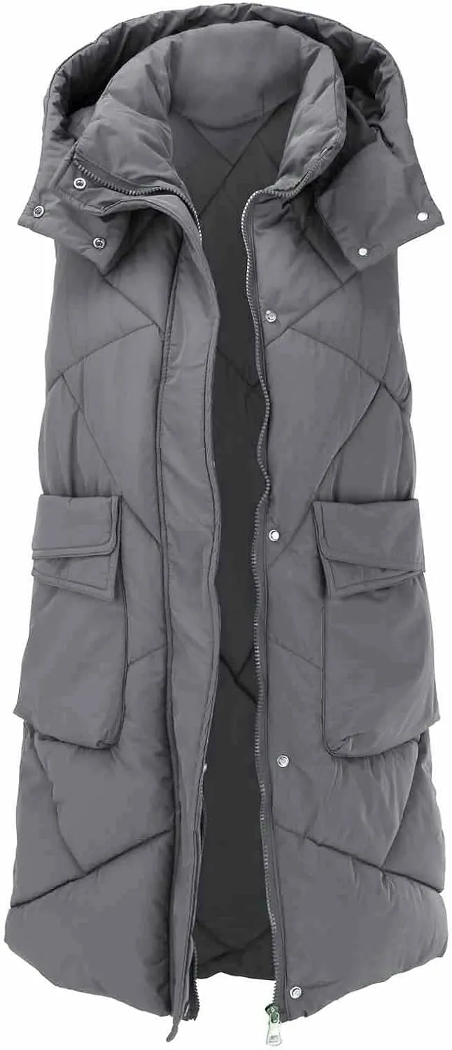 Women's Long Down Vest with Hooded Zipper Quilted Puffer Jacket Plus Size Winter Warm Slim Fit Coats Outdoor Vest