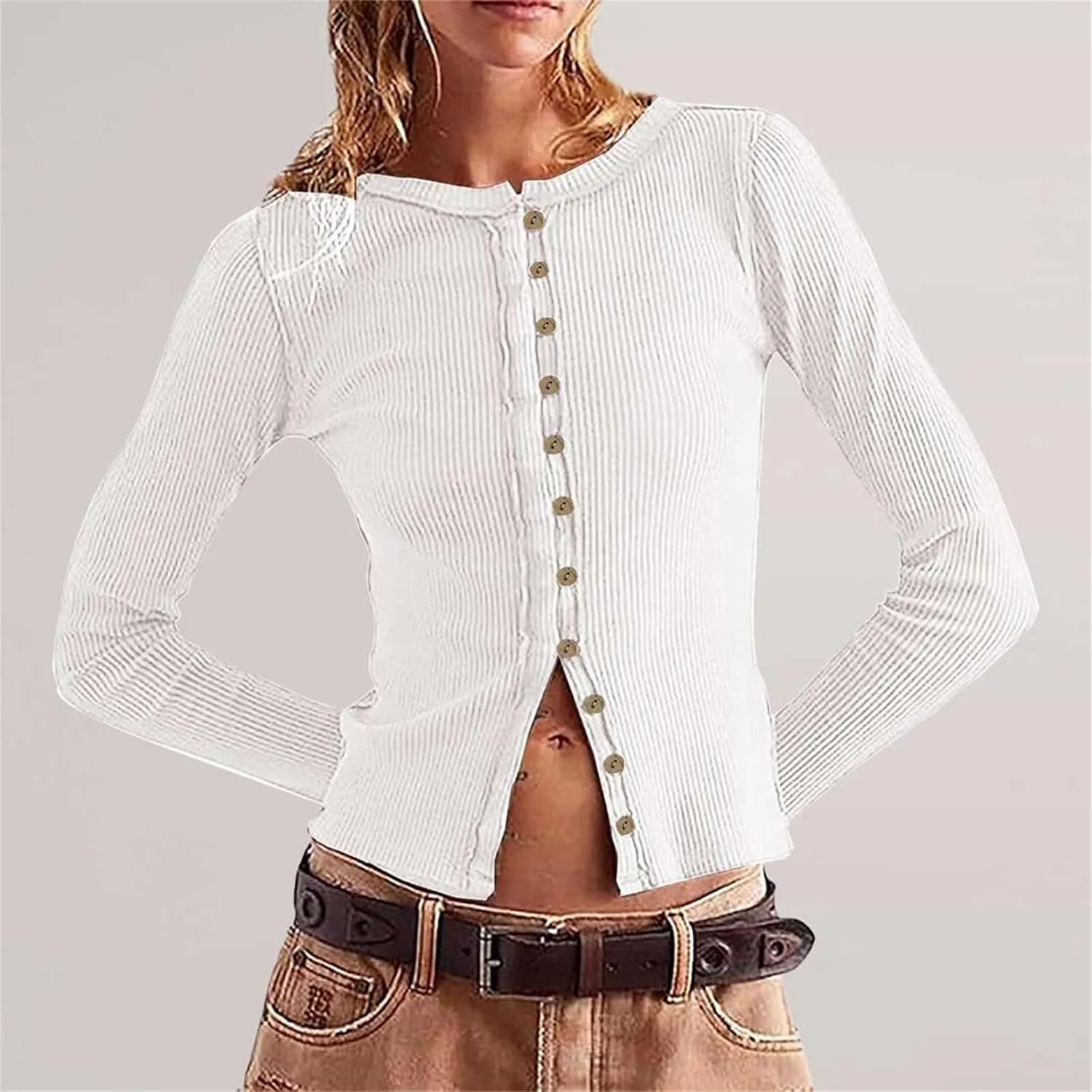 Womens Open Front Button Up Cropped Cardigan Ribbed Knit Long Sleeve Shirt Casual Solid Crop Top Cardigan Sweaters