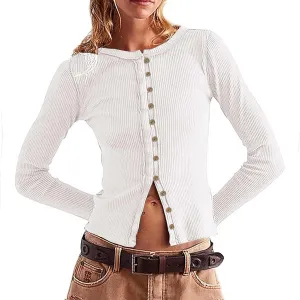Womens Open Front Button Up Cropped Cardigan Ribbed Knit Long Sleeve Shirt Casual Solid Crop Top Cardigan Sweaters
