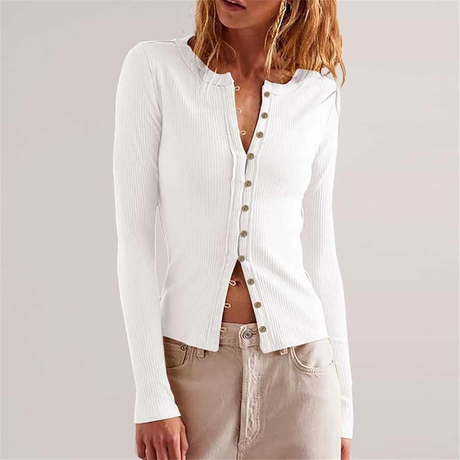 Womens Open Front Button Up Cropped Cardigan Ribbed Knit Long Sleeve Shirt Casual Solid Crop Top Cardigan Sweaters