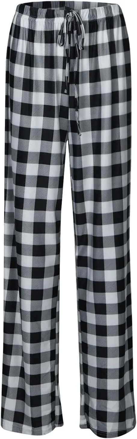 Womens Pajama Pants Comfy Stretch Wide Leg Unisex Family Sleep Pants Plus Size Checkered Fleece Plaid Bottoms