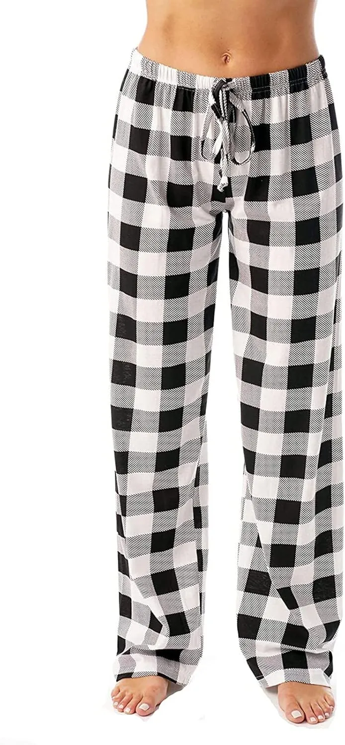 Womens Pajama Pants Comfy Stretch Wide Leg Unisex Family Sleep Pants Plus Size Checkered Fleece Plaid Bottoms