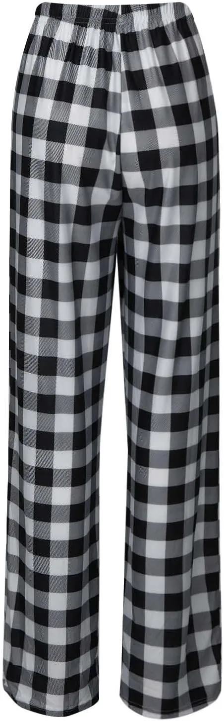 Womens Pajama Pants Comfy Stretch Wide Leg Unisex Family Sleep Pants Plus Size Checkered Fleece Plaid Bottoms