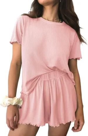 Womens Pajamas Set Lounge Sets Ribbed Knit Pjs Short Sleeve Tops Casual Shorts Soft Sleepwear Outfits Summer Sets