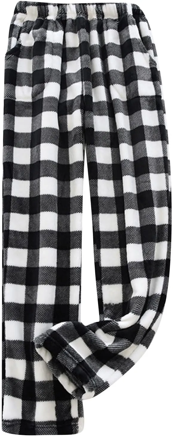Womens Plaid Flannel Pajama Pants Elastic High Waist Sleepwear Fleece Pajama Bottoms Woven Knitted Pants
