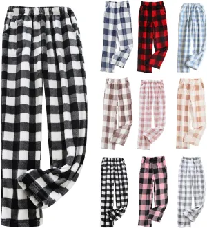 Womens Plaid Flannel Pajama Pants Elastic High Waist Sleepwear Fleece Pajama Bottoms Woven Knitted Pants