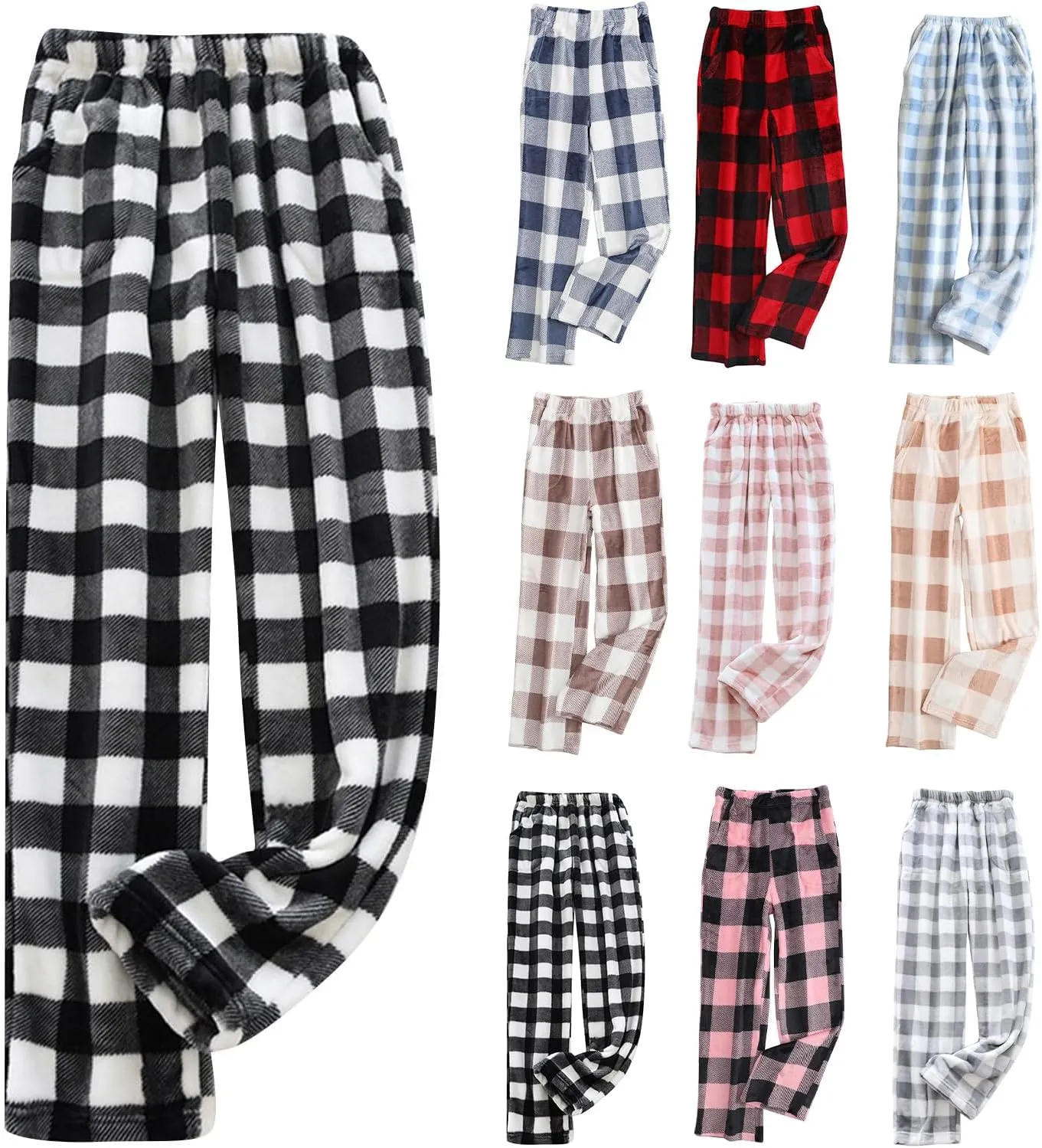 Womens Plaid Flannel Pajama Pants Elastic High Waist Sleepwear Fleece Pajama Bottoms Woven Knitted Pants