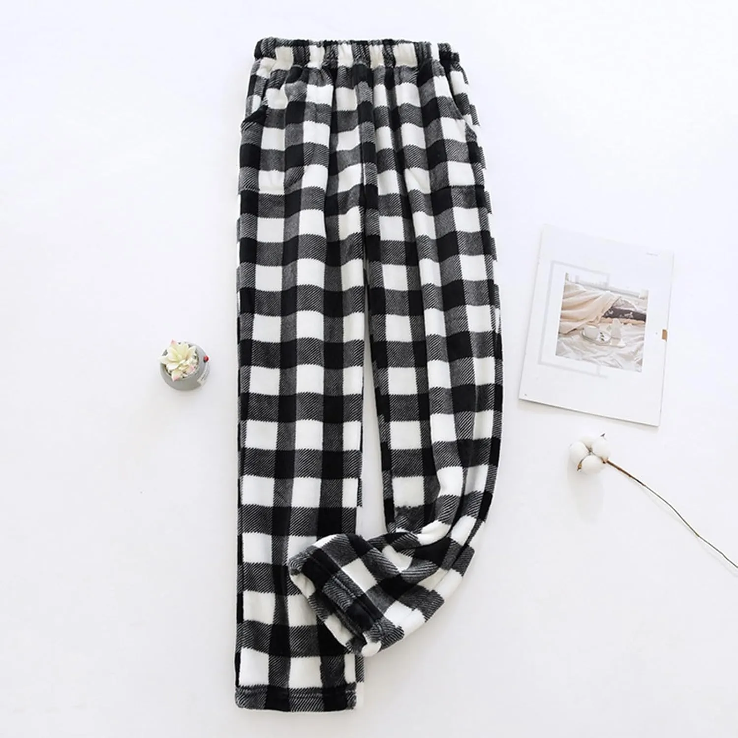 Womens Plaid Flannel Pajama Pants Elastic High Waist Sleepwear Fleece Pajama Bottoms Woven Knitted Pants