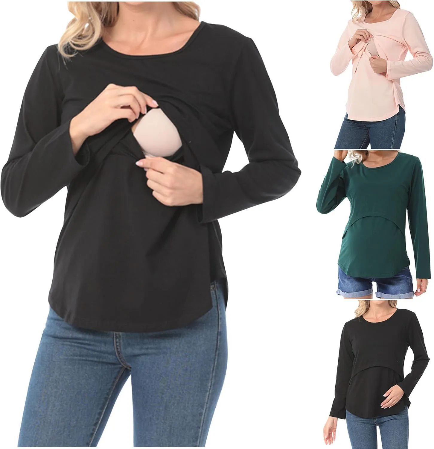 Women's Plus Size Breastfeeding Tops Double Layer Nursing Tees Long Sleeve Crew Neck Maternity Tunics Pullover