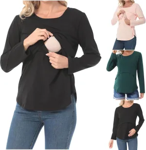 Women's Plus Size Breastfeeding Tops Double Layer Nursing Tees Long Sleeve Crew Neck Maternity Tunics Pullover