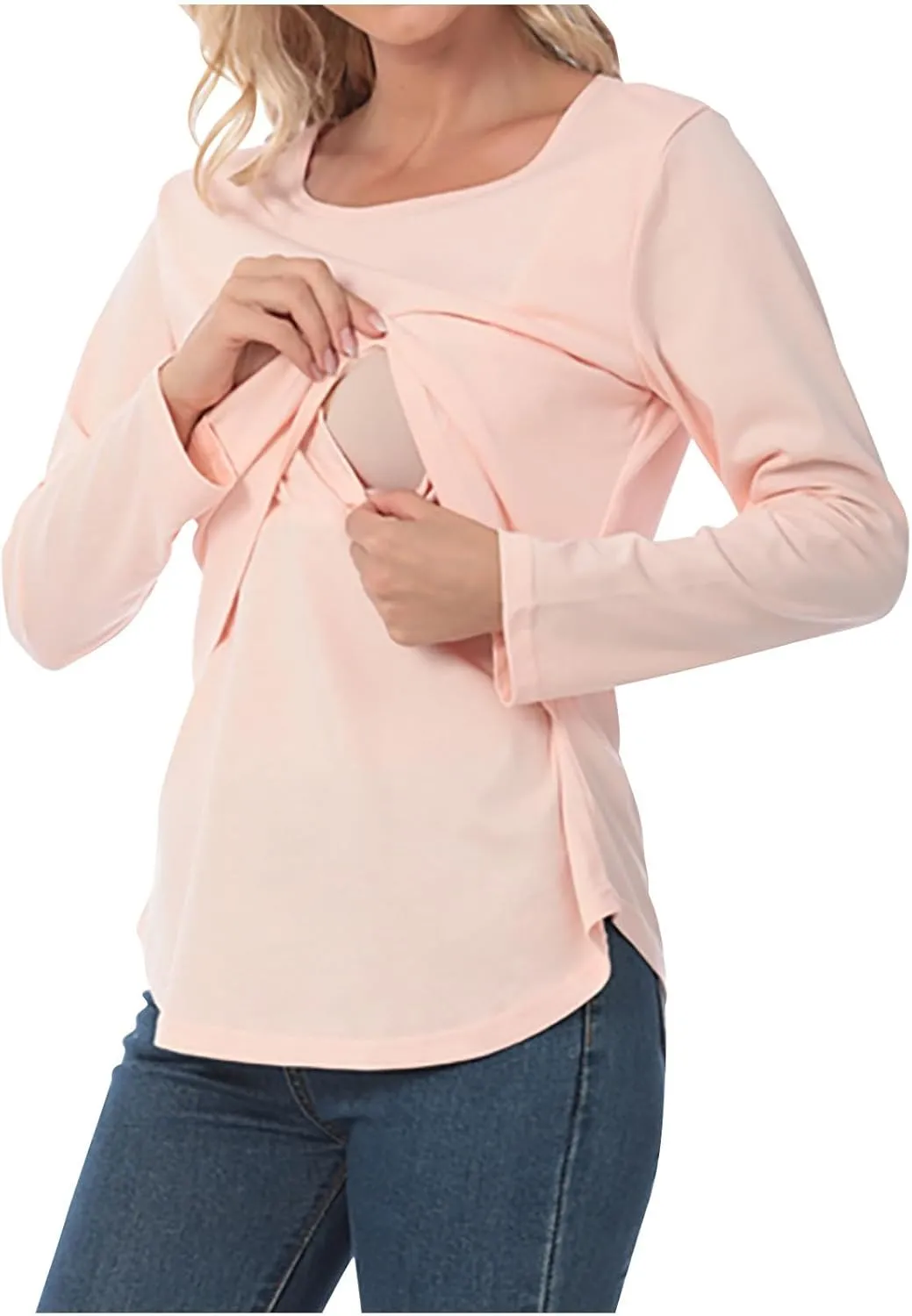 Women's Plus Size Breastfeeding Tops Double Layer Nursing Tees Long Sleeve Crew Neck Maternity Tunics Pullover
