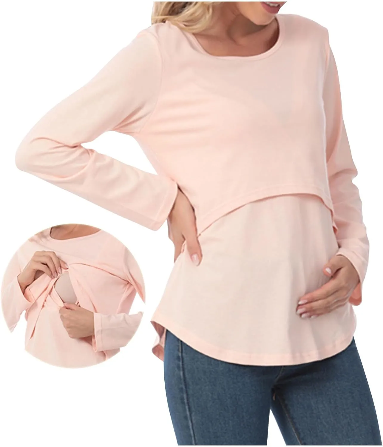 Women's Plus Size Breastfeeding Tops Double Layer Nursing Tees Long Sleeve Crew Neck Maternity Tunics Pullover