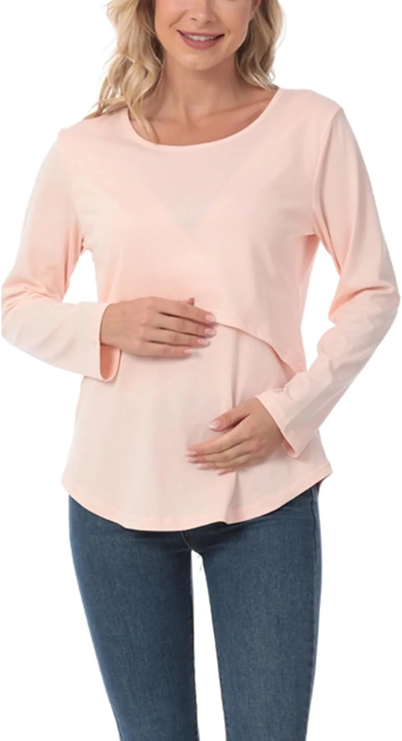 Women's Plus Size Breastfeeding Tops Double Layer Nursing Tees Long Sleeve Crew Neck Maternity Tunics Pullover