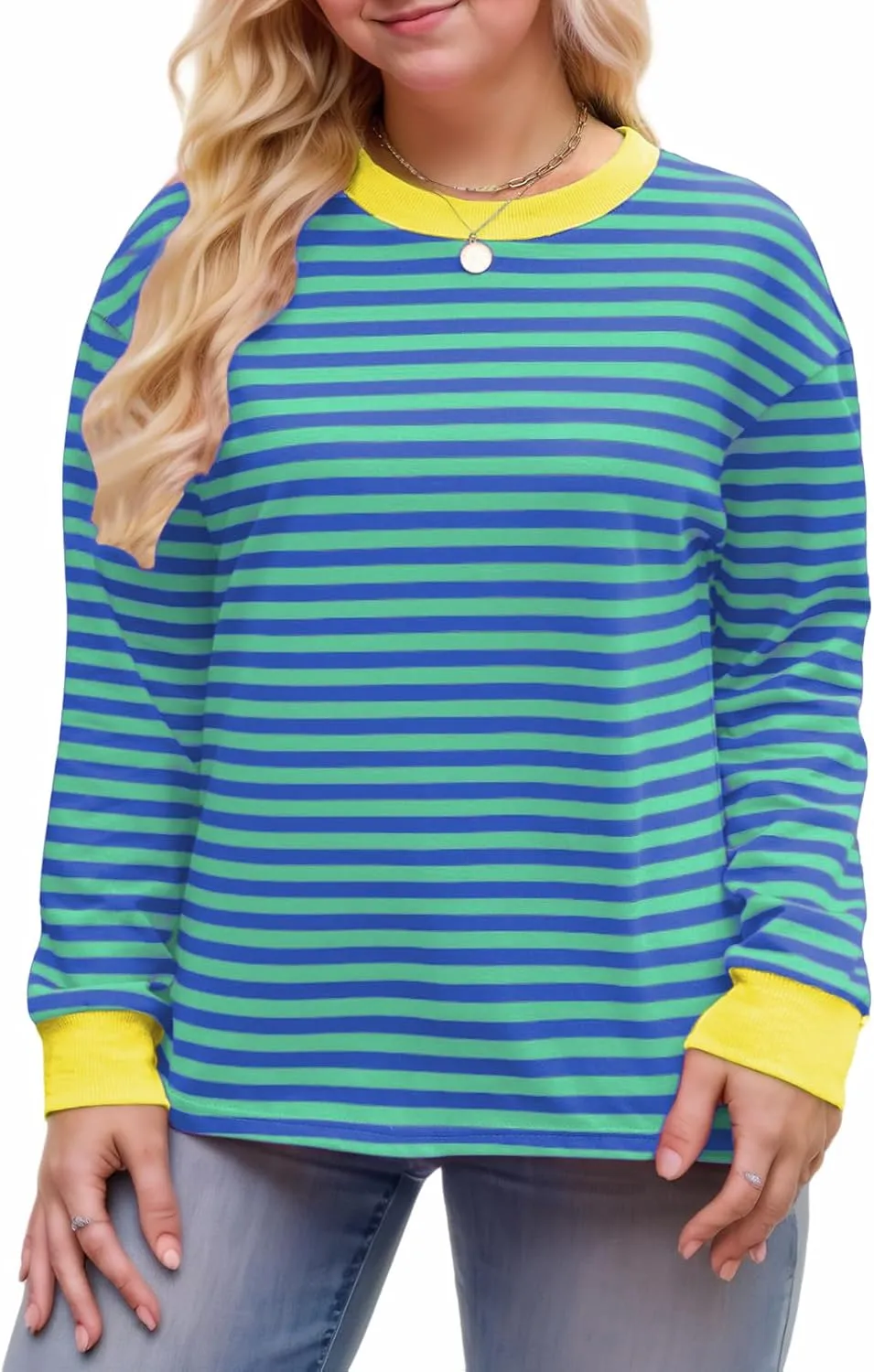 Womens-Plus-Size-Sweatshirts Trendy Striped Color Block Tops Casual Long Sleeve Shirts Cute Oversized Crewneck Tunics