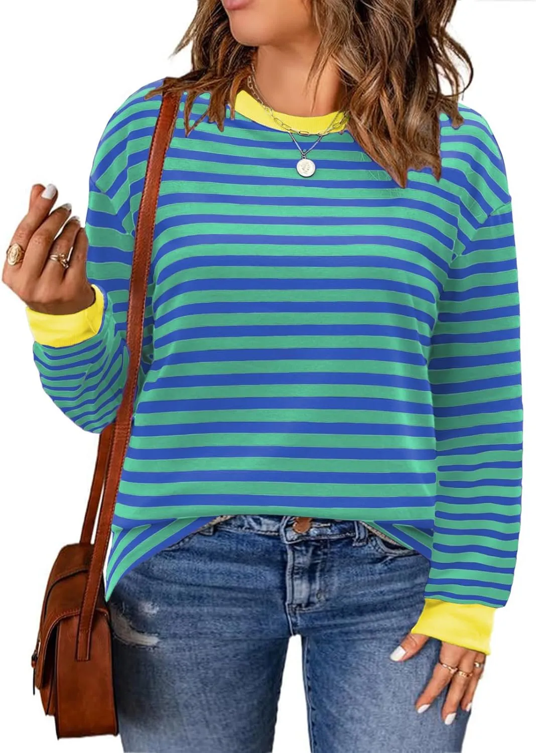 Womens-Plus-Size-Sweatshirts Trendy Striped Color Block Tops Casual Long Sleeve Shirts Cute Oversized Crewneck Tunics