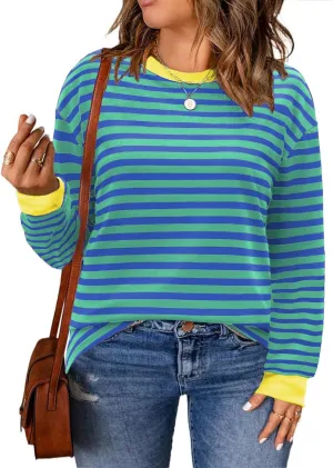 Womens-Plus-Size-Sweatshirts Trendy Striped Color Block Tops Casual Long Sleeve Shirts Cute Oversized Crewneck Tunics