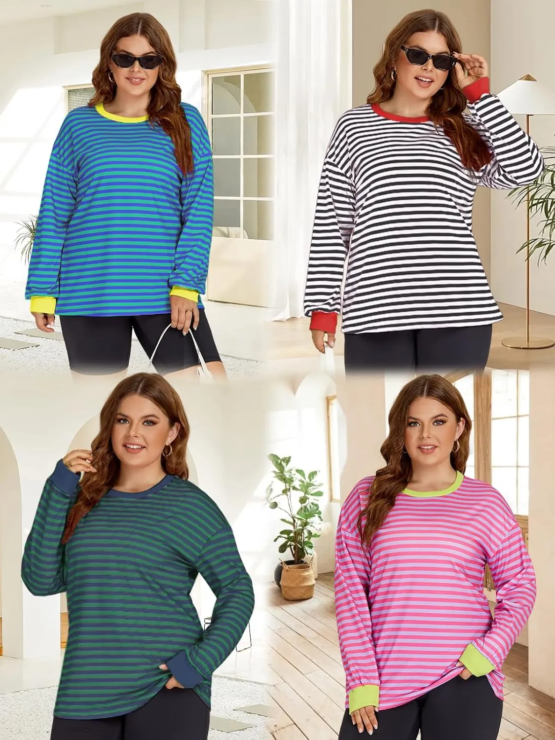Womens-Plus-Size-Sweatshirts Trendy Striped Color Block Tops Casual Long Sleeve Shirts Cute Oversized Crewneck Tunics
