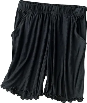 Women's Ribbed Pajama Shorts with Ruffled Hem and Pockets Casual Home Y2K Pj Boxers Short Summer Beach Bottom