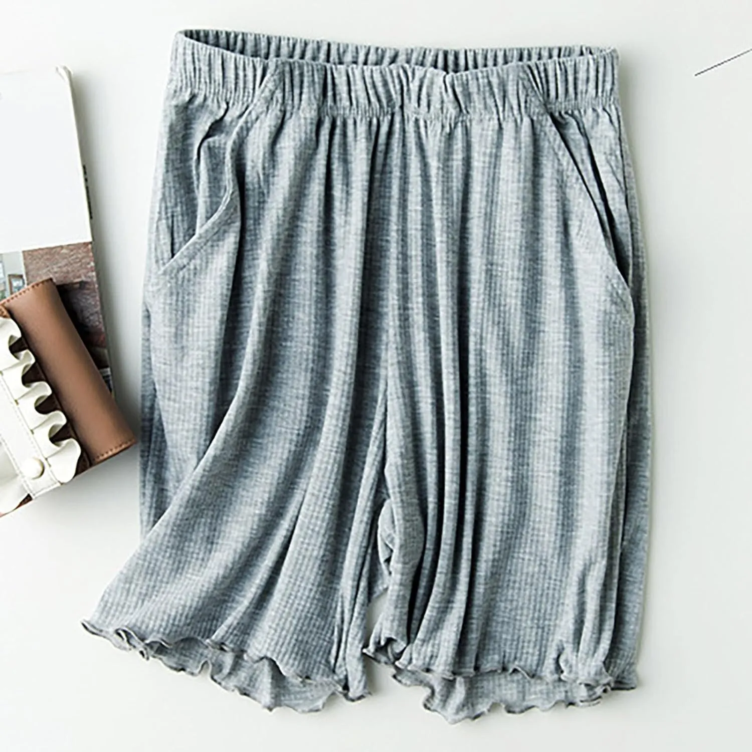 Women's Ribbed Pajama Shorts with Ruffled Hem and Pockets Casual Home Y2K Pj Boxers Short Summer Beach Bottom