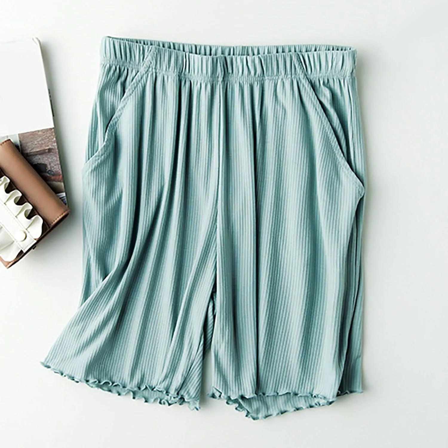 Women's Ribbed Pajama Shorts with Ruffled Hem and Pockets Casual Home Y2K Pj Boxers Short Summer Beach Bottom