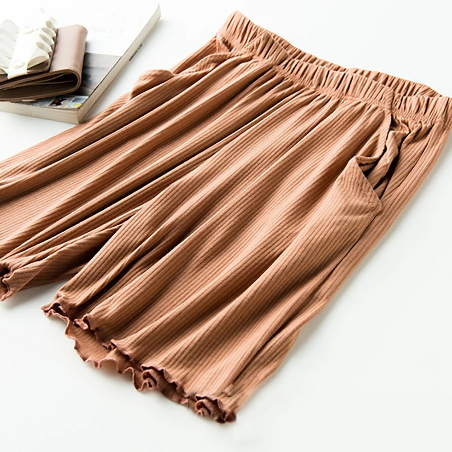 Women's Ribbed Pajama Shorts with Ruffled Hem and Pockets Casual Home Y2K Pj Boxers Short Summer Beach Bottom