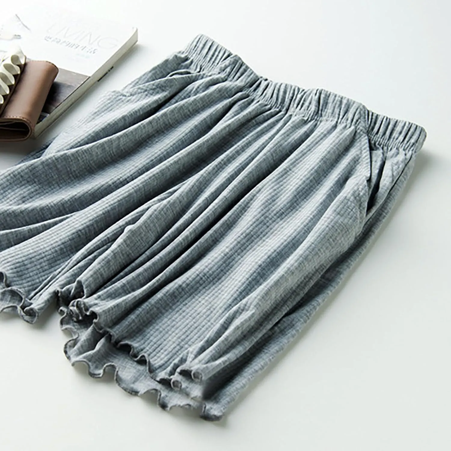 Women's Ribbed Pajama Shorts with Ruffled Hem and Pockets Casual Home Y2K Pj Boxers Short Summer Beach Bottom