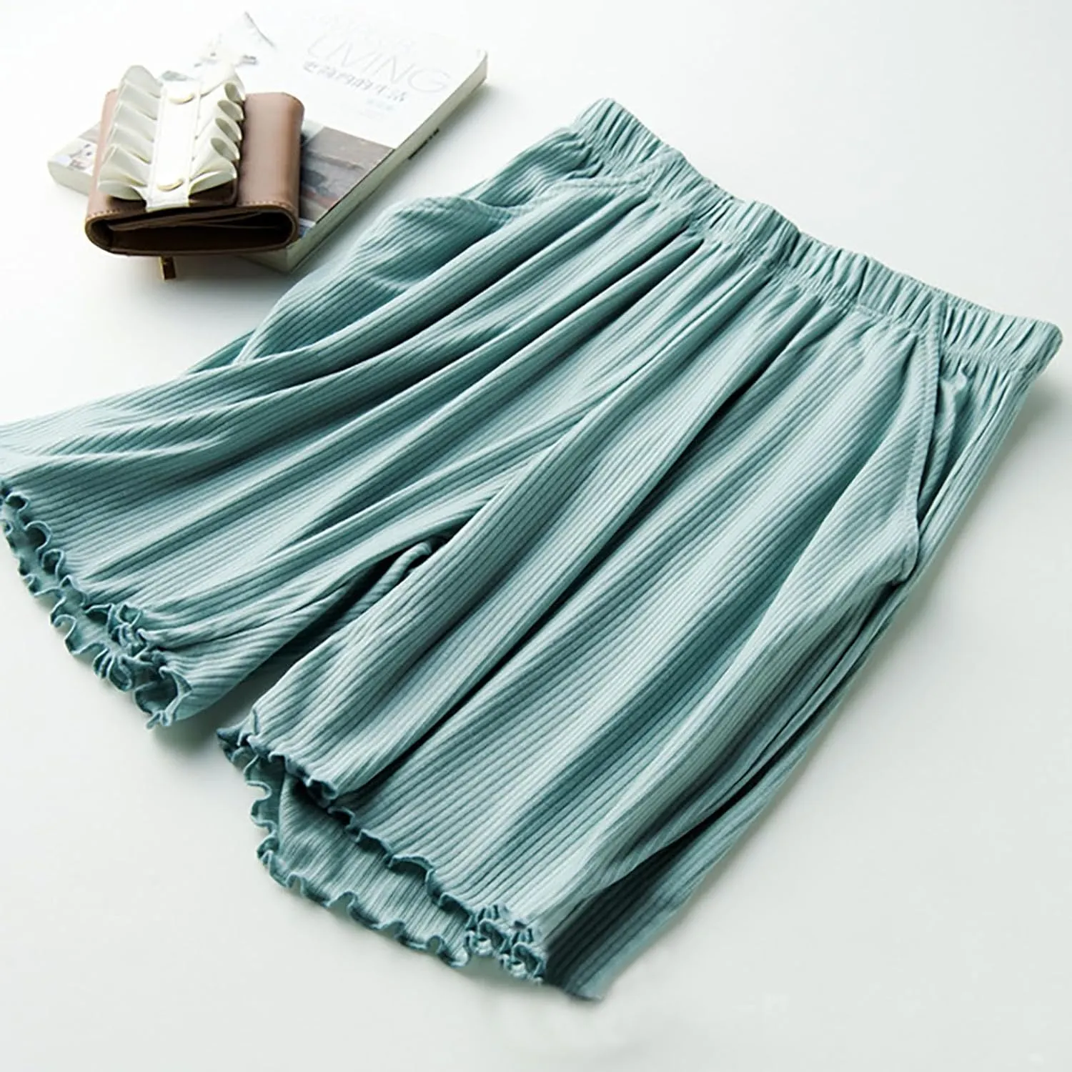 Women's Ribbed Pajama Shorts with Ruffled Hem and Pockets Casual Home Y2K Pj Boxers Short Summer Beach Bottom