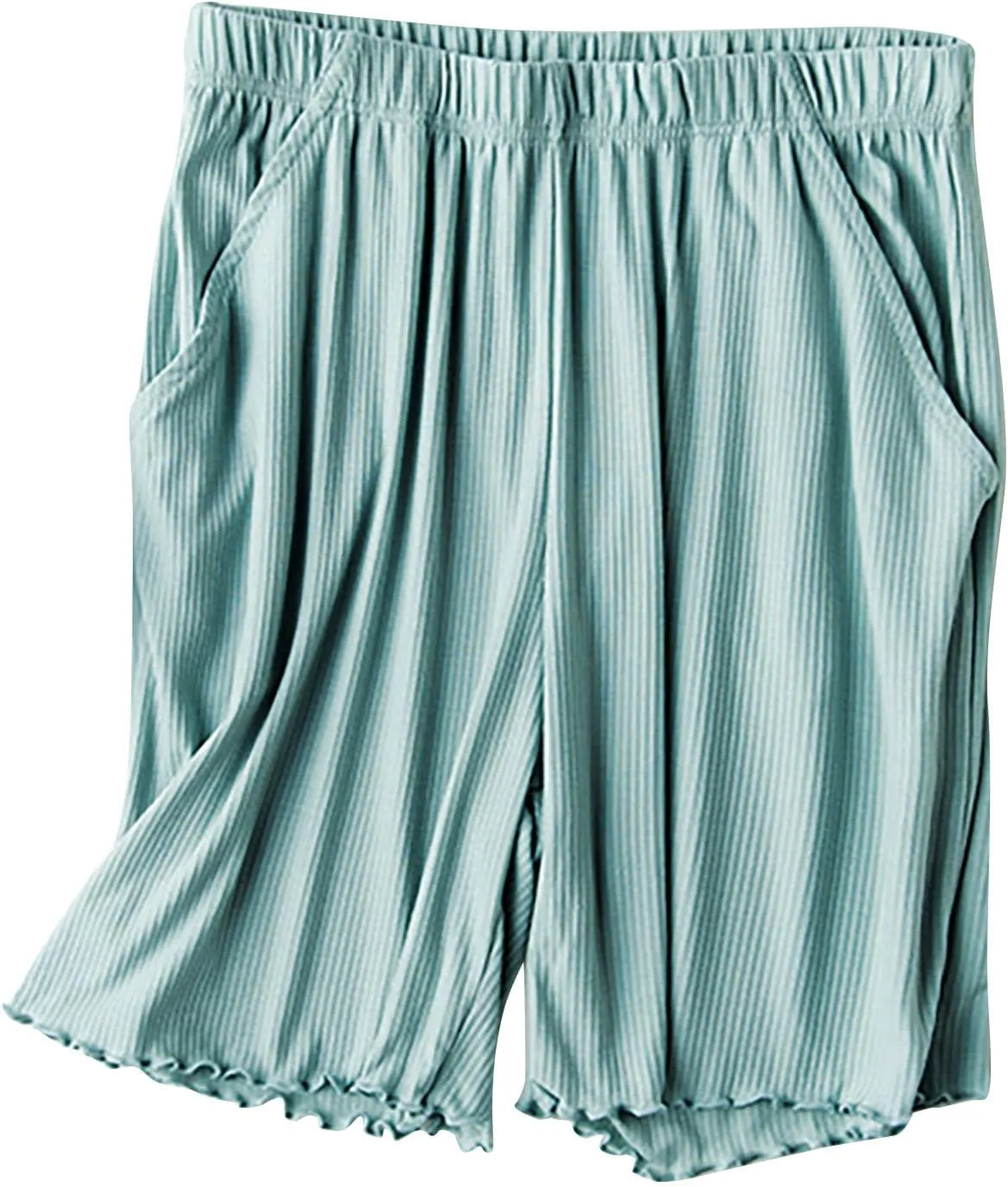 Women's Ribbed Pajama Shorts with Ruffled Hem and Pockets Casual Home Y2K Pj Boxers Short Summer Beach Bottom