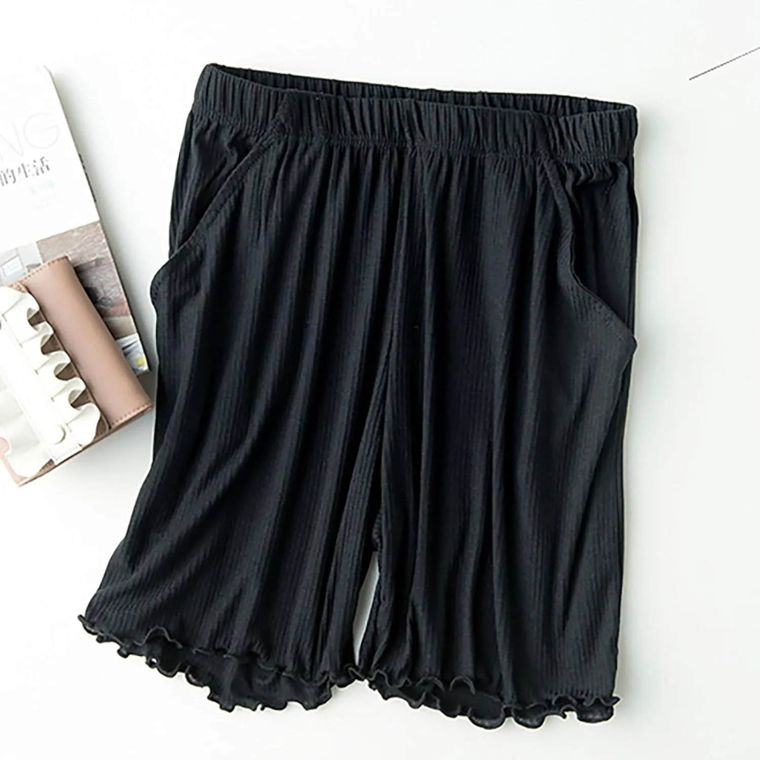 Women's Ribbed Pajama Shorts with Ruffled Hem and Pockets Casual Home Y2K Pj Boxers Short Summer Beach Bottom
