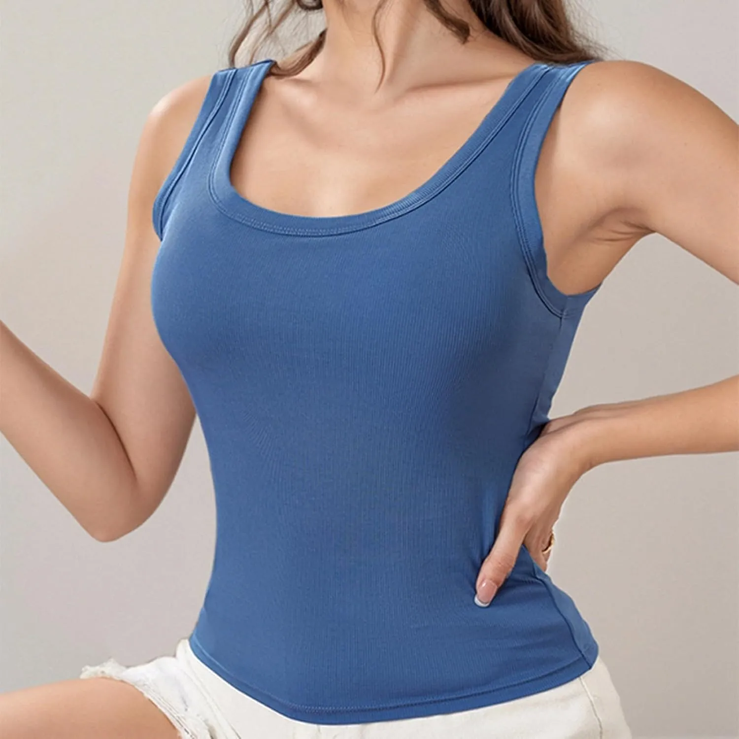 Women's Ribbed Racerback Built-in Bra Tank Tops with Convertible Necklines & Removable Breathable Undershirts