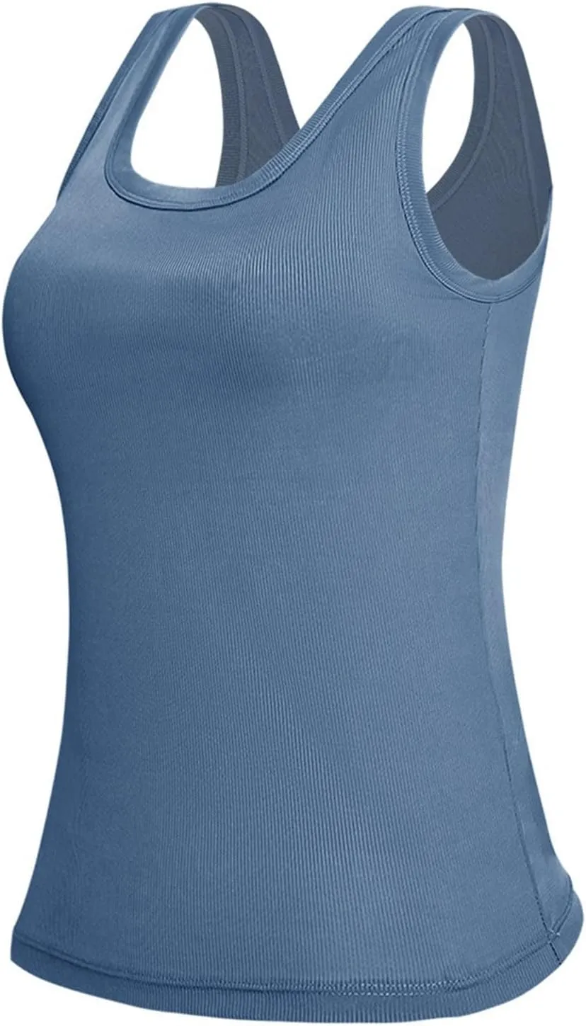 Women's Ribbed Racerback Built-in Bra Tank Tops with Convertible Necklines & Removable Breathable Undershirts