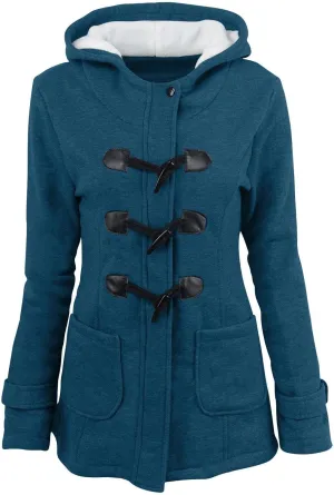 Womens Sherpa Fleece Lined Jackets Thicken Warm Winter Hooded Coat Slim Fit Horn Buttons Parkas Jacket with Pockets