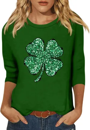 Womens St. Patrick's Day Shirts 3/4 Sleeve Green Shirts for Women Lucky,3/4 Sleeve Shirts for Women Cotton Fall T Shirts
