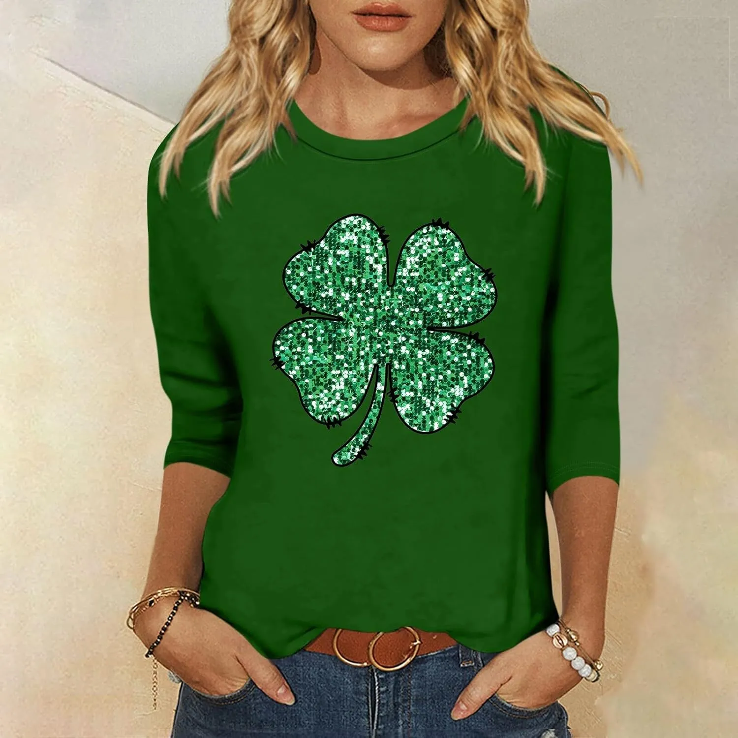 Womens St. Patrick's Day Shirts 3/4 Sleeve Green Shirts for Women Lucky,3/4 Sleeve Shirts for Women Cotton Fall T Shirts