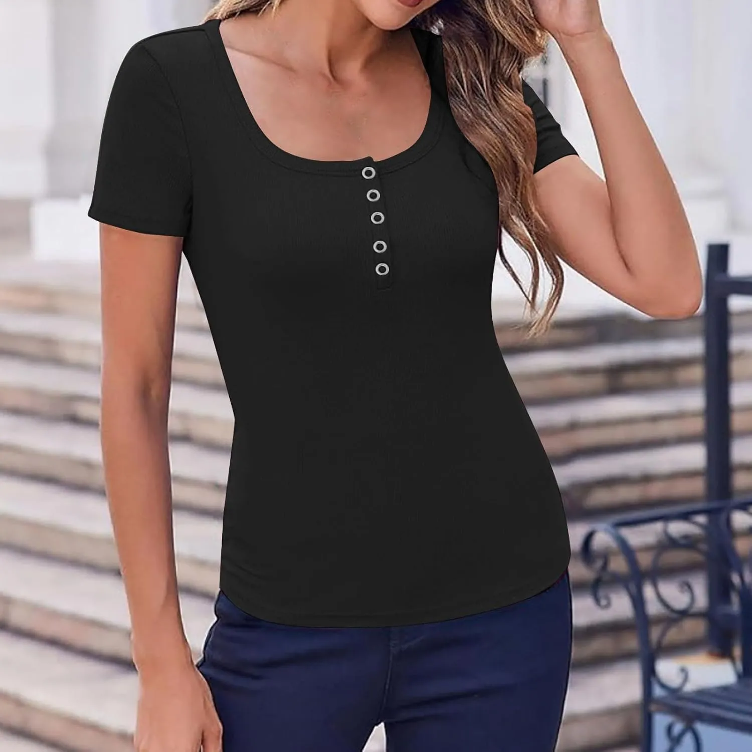 Womens Summer Tops Henley T Shirts Short Sleeve Going Out Crop Cute Ribbed Basic Casual Spring Fashion Y2k Clothes 2025
