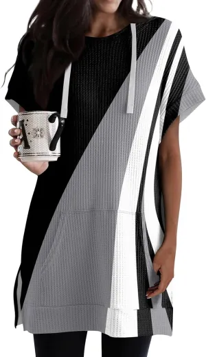 Womens Summer Waffle Short Sleeve Long Shrits With Pockets Oversized Hoodies Tunics Or Tops To Wear With Leggings