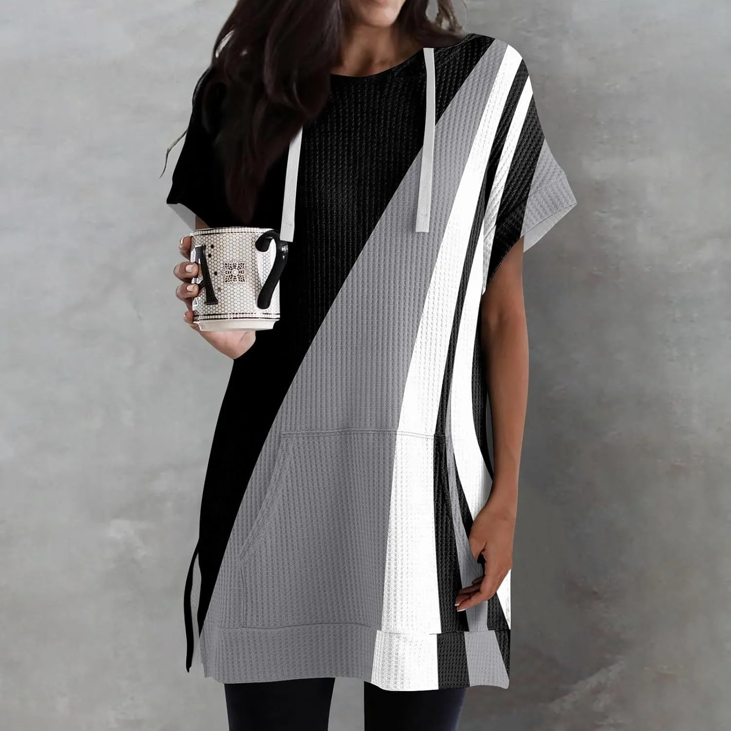 Womens Summer Waffle Short Sleeve Long Shrits With Pockets Oversized Hoodies Tunics Or Tops To Wear With Leggings
