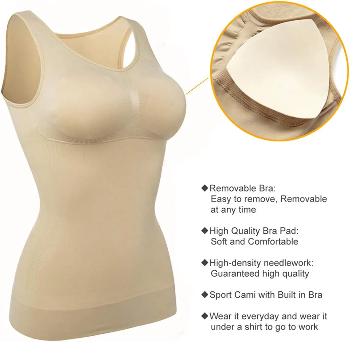 Womens Tank Tops Camisole with Built in Padded Bra Vest Cami Shelf Bra Casual Wide Strap Yoga Shirt