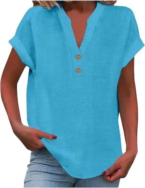 Womens Tops Dressy Casual Short Sleeve Button V Neck Henley T Shirts Solid Color Cotton Linen Summer Blouse Tees