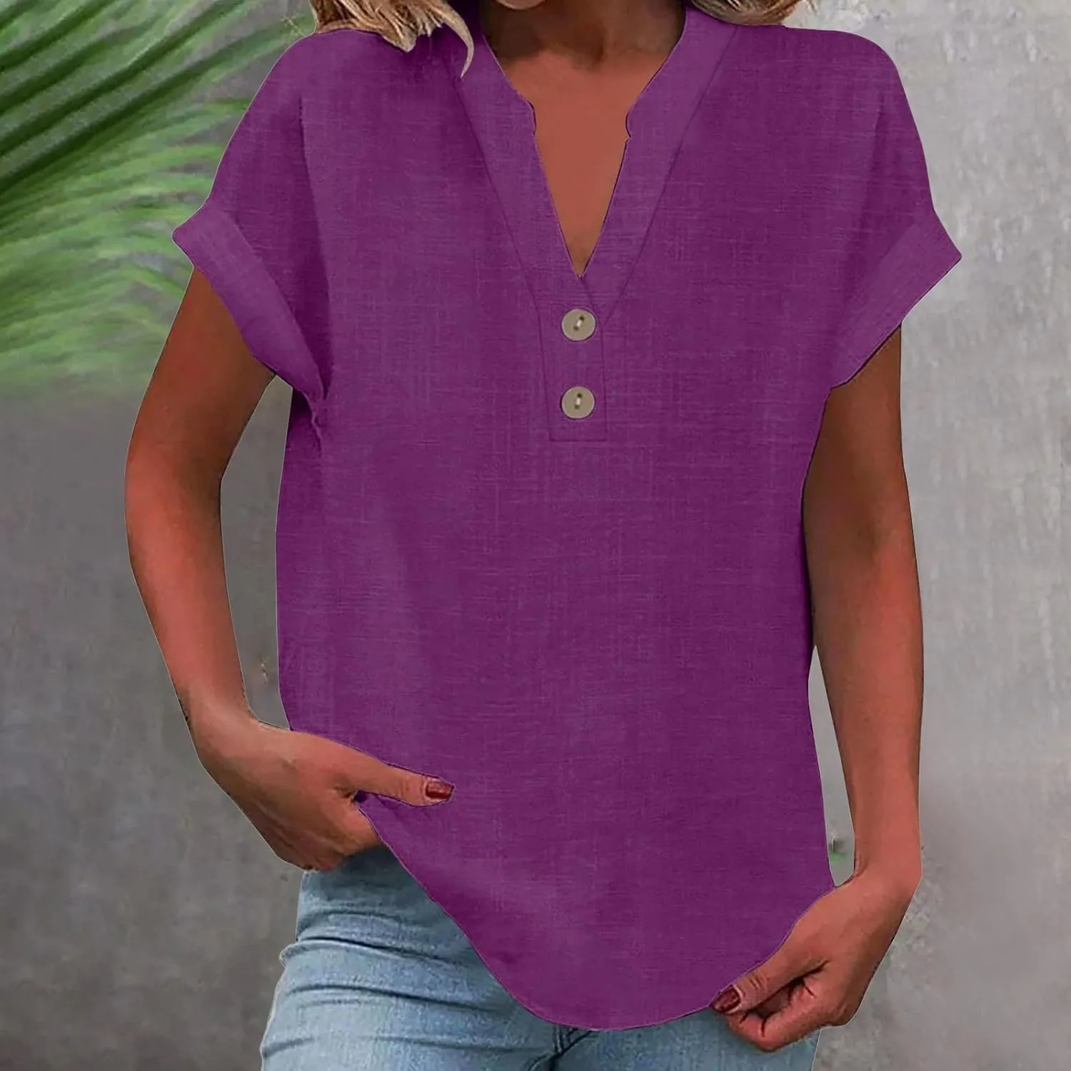 Womens Tops Dressy Casual Short Sleeve Button V Neck Henley T Shirts Solid Color Cotton Linen Summer Blouse Tees