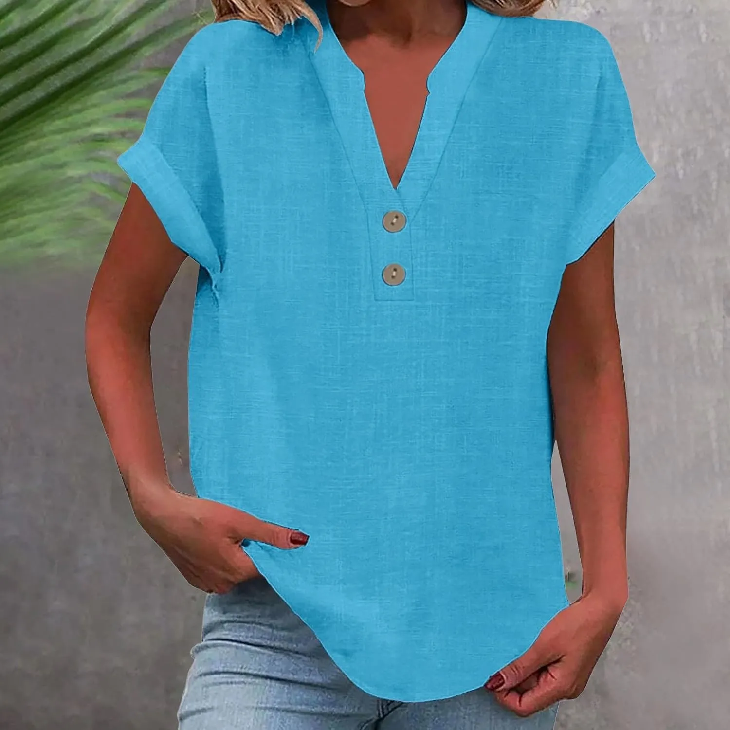 Womens Tops Dressy Casual Short Sleeve Button V Neck Henley T Shirts Solid Color Cotton Linen Summer Blouse Tees