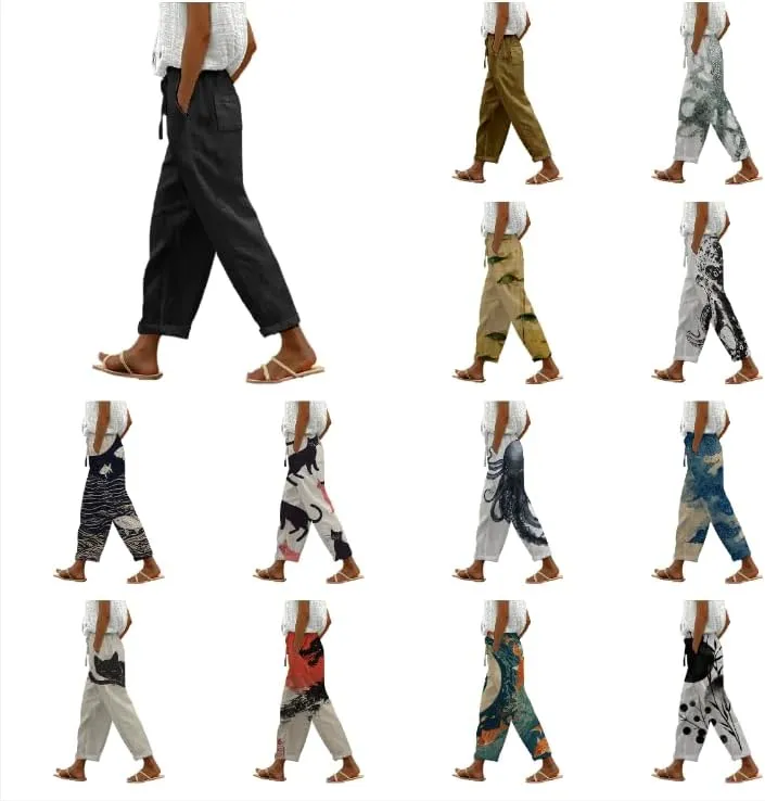 Womens Trendy Cropped Pants 2024 Japanese Vintage Plus Size Elastic Waist Casual Beach Trousers with Pocket