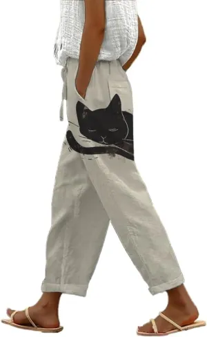 Womens Trendy Cropped Pants 2024 Japanese Vintage Plus Size Elastic Waist Casual Beach Trousers with Pocket