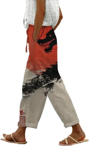 Womens Trendy Cropped Pants 2024 Japanese Vintage Plus Size Elastic Waist Casual Beach Trousers with Pocket