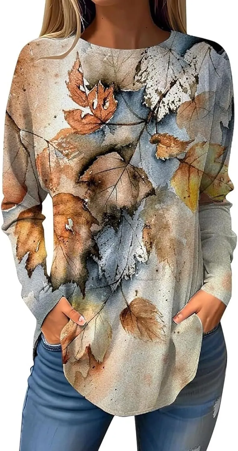 Women's Tunics Tops Casual Loose Fit Flowy Round Neck Fashion Basic Tees Shirts Long Sleeve Pullover Floral Blouse